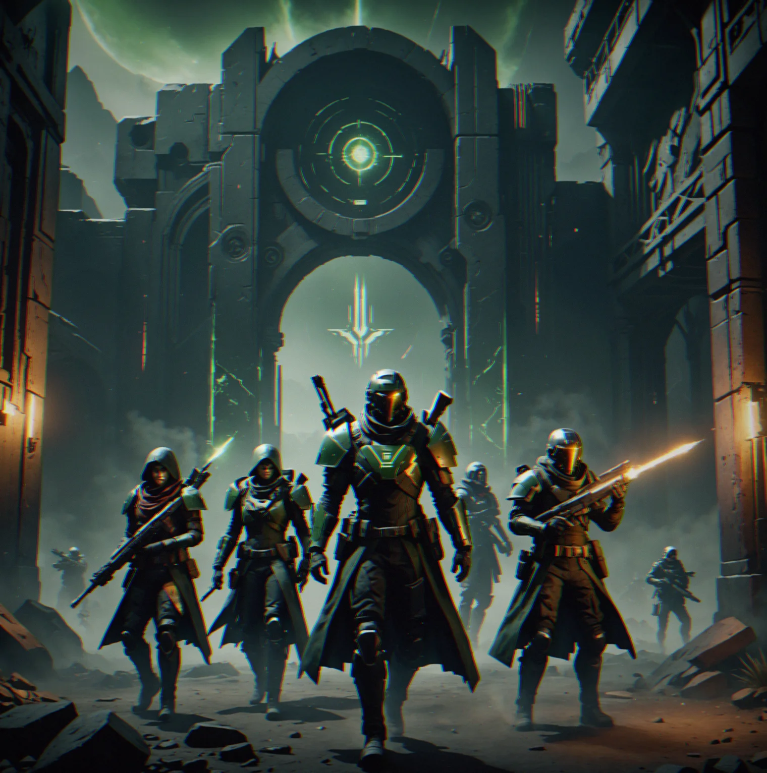 Three Destiny 2 players lined up at the dungeon entrance, matching power levels and showing off their exotic setups