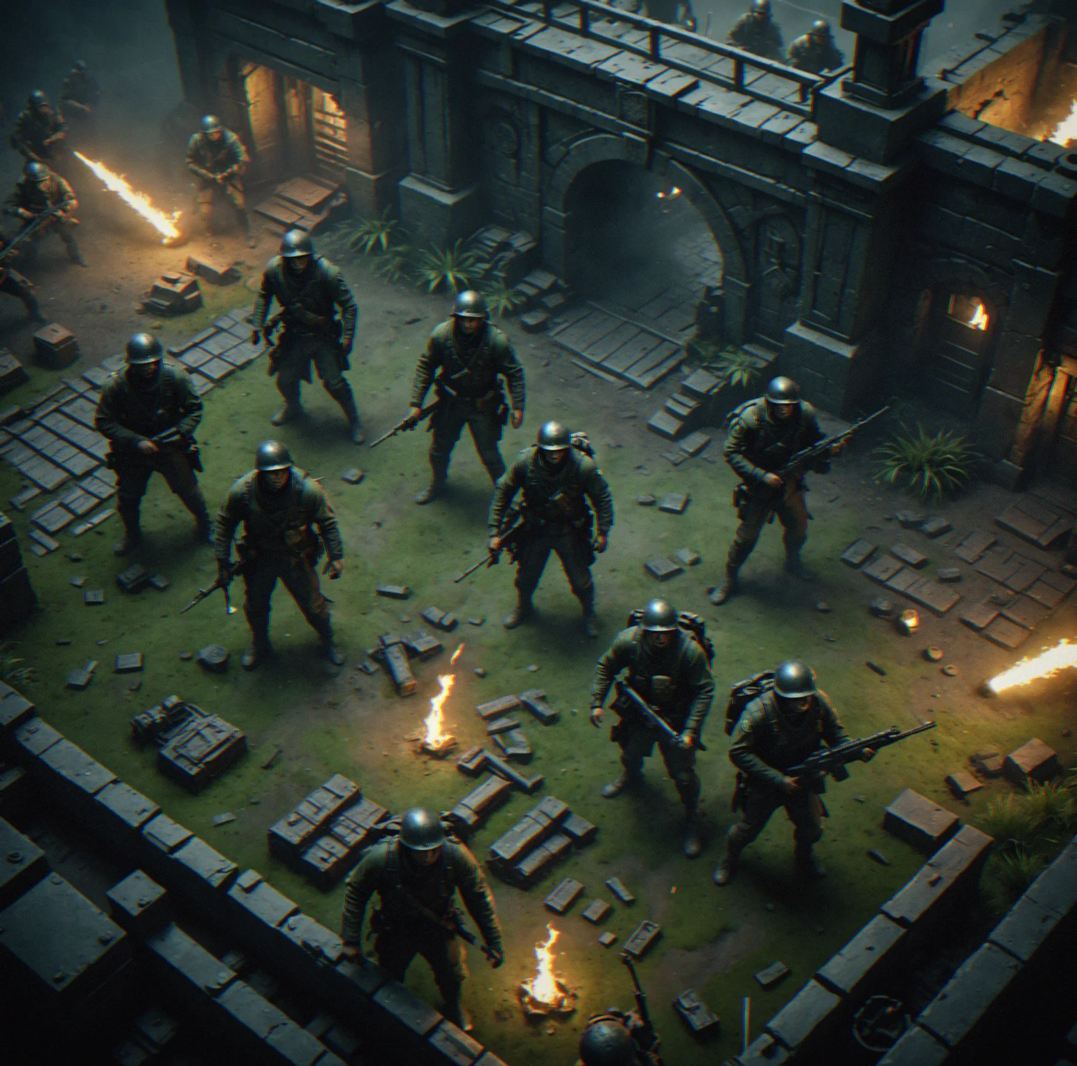 Five raiders at the raid entrance with role icons visible and green ready status showing